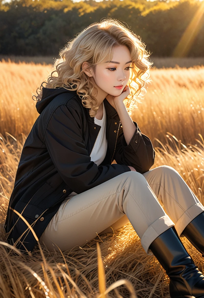 The image shows a person with long, curly blonde hair sitting in a field of tall, dry grass. The person is dressed in a dark jacket, light-colored pants, and black boots. The scene is illuminated by warm, golden sunlight, suggesting that it is either early morning or late afternoon. The overall atmosphere of the photo is peaceful and serene.