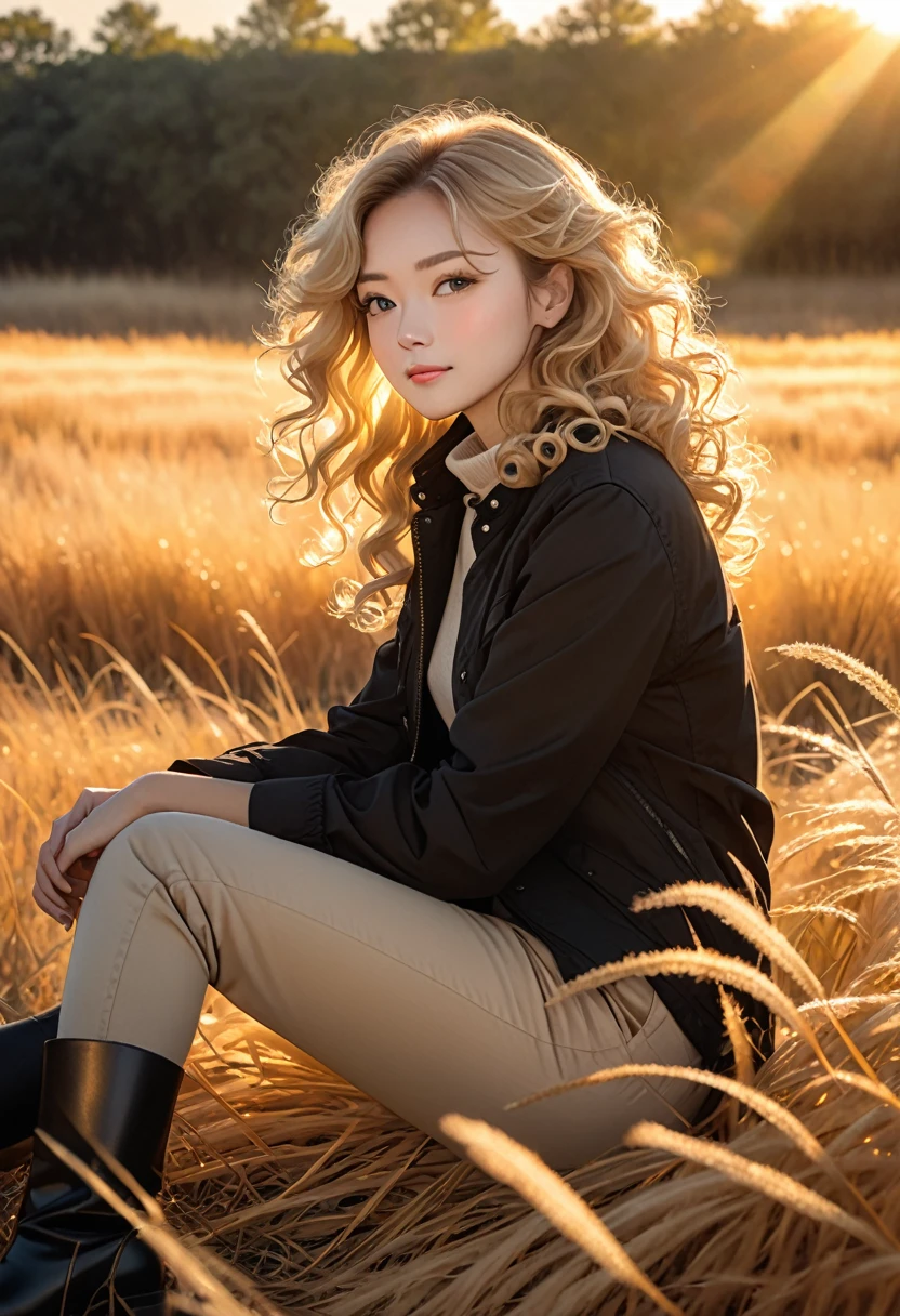 The image shows a person with long, curly blonde hair sitting in a field of tall, dry grass. The person is dressed in a dark jacket, light-colored pants, and black boots. The scene is illuminated by warm, golden sunlight, suggesting that it is either early morning or late afternoon. The overall atmosphere of the photo is peaceful and serene.