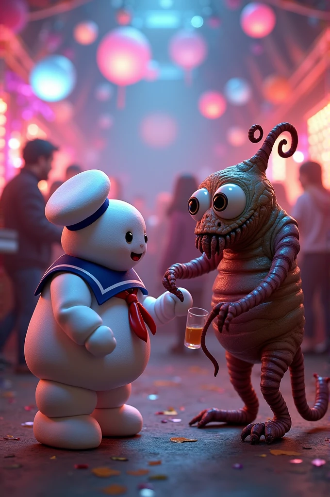 Mini stay puft masmellow man with quite place creature at a party