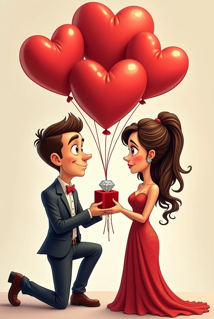 A man proposes to a beautiful woman wearing a beautiful dress. The man gets down on one knee and offers her a large wedding ring in a red box. Behind them are red heart-shaped balloons. Highly detailed cartoon drawing. Funny cartoon drawing.