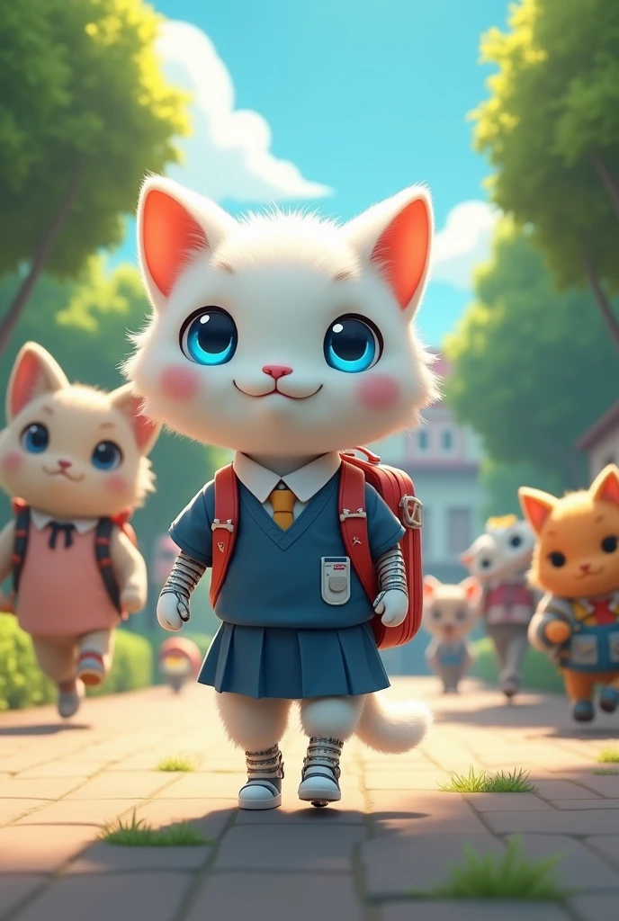White ai cat going school with bag with happy face
