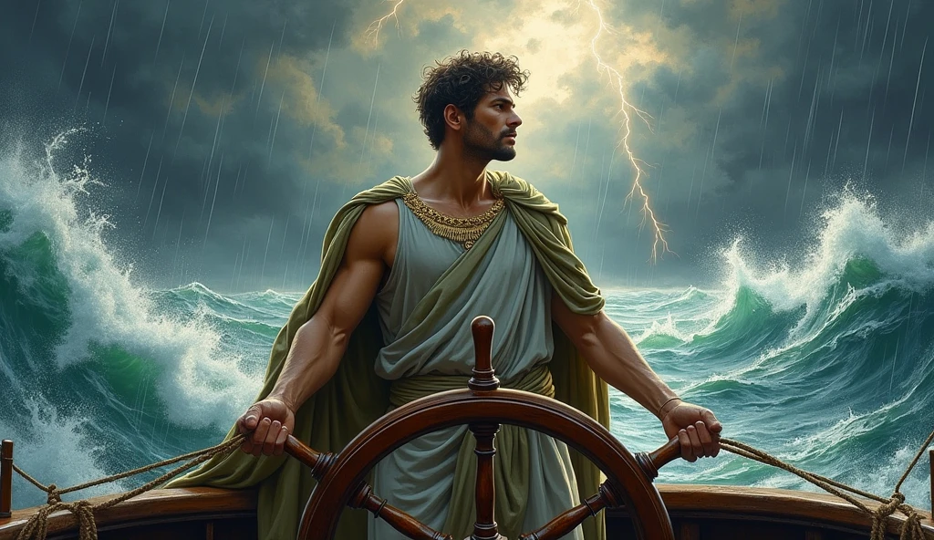 **Prompt:**

A male Stoic philosopher, around 2, with a well-proportioned and attractive physique and slightly tanned skin, is depicted as a ship captain battling a furious storm. He is wearing classic tunics in soft earthy tones—gray and olive green—with subtle gold or copper details. The ship is being violently tossed by tumultuous waves, and the philosopher is gripping the wheel, symbolizing the need to set firm boundaries against disruptive behavior. The dark, threatening sky, with lightning and heavy rain, reflects the chaos caused by excessive leniency. The scene is painted in an impressionist style, capturing the dramatic contrasts of light and shadow that highlight the storm's intensity and the captain’s struggle. The philosopher's face shows determination and focus, emphasizing the urgency of not tolerating disruptive influences.