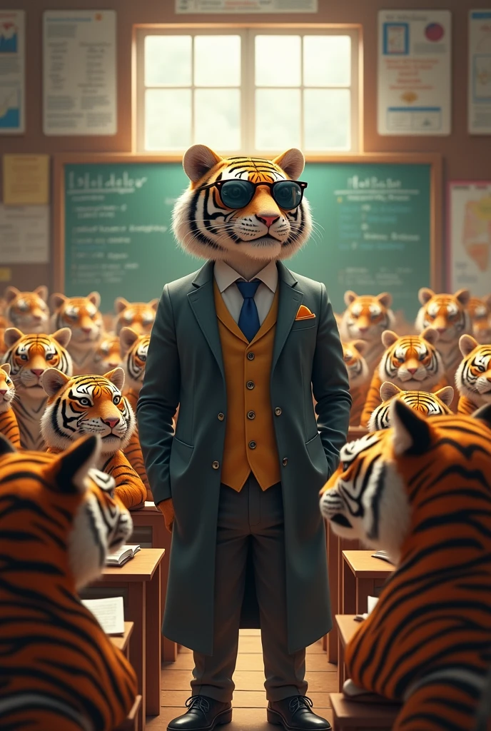 50 tigers examing in big room in front of big tiger teacher and big tiger teacher putting on sunglasses