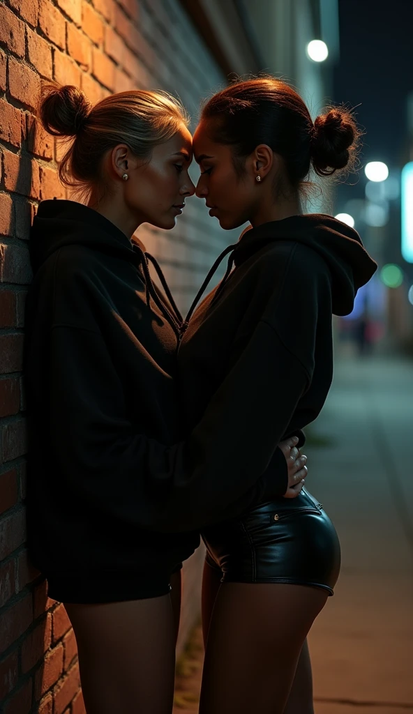 black woman hair in a bun black hoodie black leather short shorts and a old woman making love against a alley brick wall at night very sexual BIG BREASTS