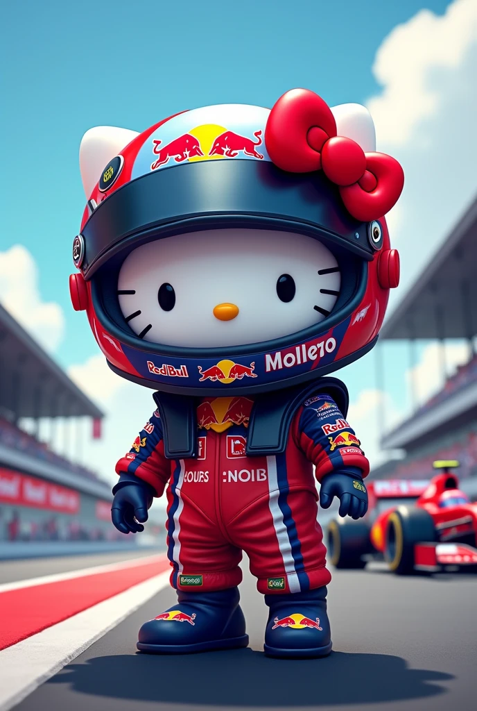 Hello Kitty dressed as a Red Bull Formula 1 driver with Sergio Perez