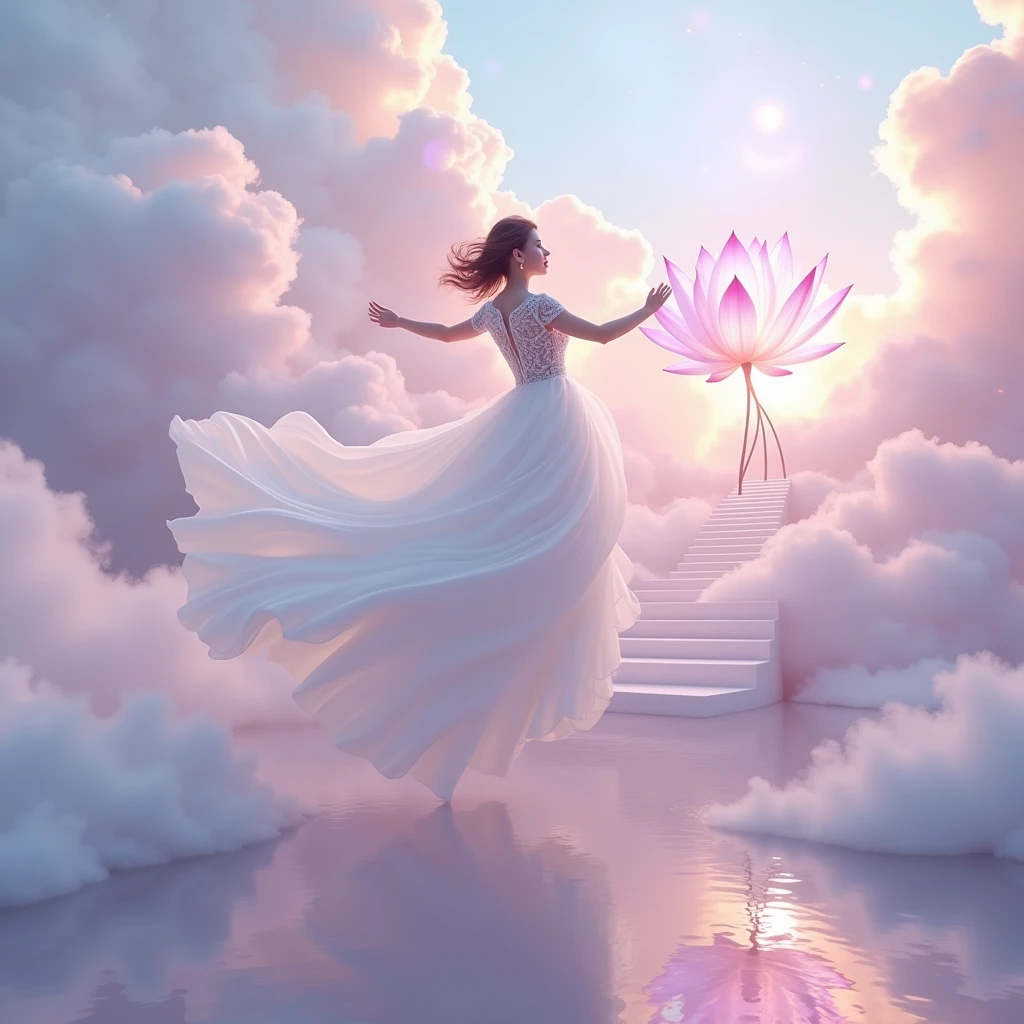  running on clouds, background color pale lilac lilac Mix of rainbow smoke and fog effects from colored pale blue fog on the ground and petals). Extravagant, beautiful woman full length, nice legs,shoes, in a fast dance in a flying pose, (Ultra detailed face, hyperrealistic) posing Giant Rainbow Lotus , center of rainbow in photo, woman looking at viewer, разрешение 8 K, masterpiece, top quality, the skirt flutters strongly in the wind,Tyndall phenomenon，white staircase to heaven, beautiful blonde, Best quality, super detailed, valid,professional，white fluffy lace wedding dress，train сильно развивается на ветру, extravagant, lots of lace on the dress, train, Rows of pale lilac and violet rays, cloud, light multi-colored fog，White minimalist, partial reflection，Desktop wallpaper， , 8 K,12K,