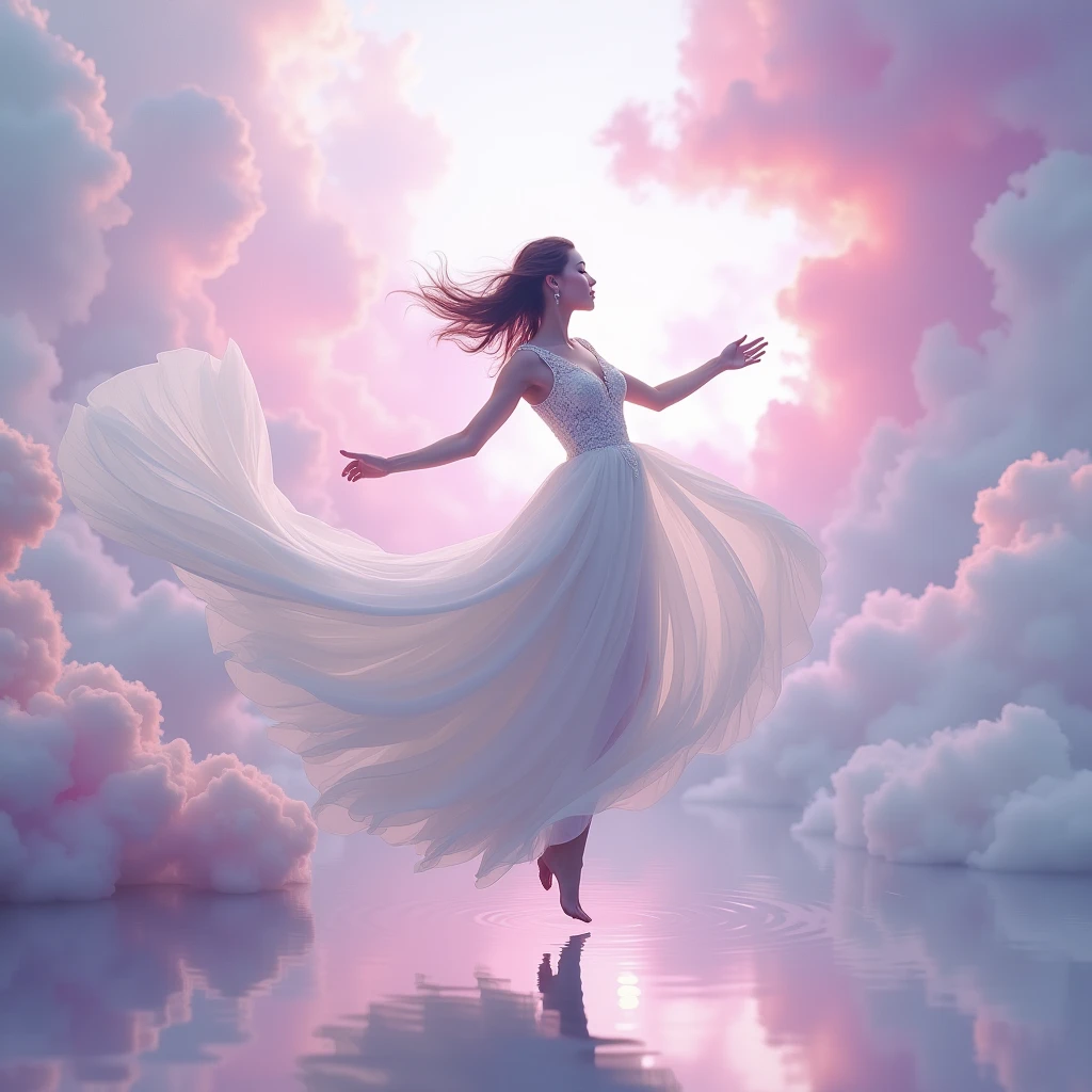 running on clouds, background color pale lilac lilac Mix of rainbow smoke and fog effects from colored pale blue fog on the ground and petals). Extravagant, beautiful woman full length, nice legs,shoes, in a fast dance in a flying pose, (Ultra detailed face, hyperrealistic) posing Giant Rainbow Lotus , center of rainbow in photo, woman looking at viewer, разрешение 8 K, masterpiece, top quality, the skirt flutters strongly in the wind,Tyndall phenomenon,white staircase to heaven, beautiful blonde, Best quality, super detailed, valid,professional,white fluffy lace wedding dress,train сильно развивается на ветру, extravagant, lots of lace on the dress, train, Rows of pale lilac and violet rays, cloud, light multi-colored fog,White minimalist, partial reflection,Desktop wallpaper, , 8 K,12K,
