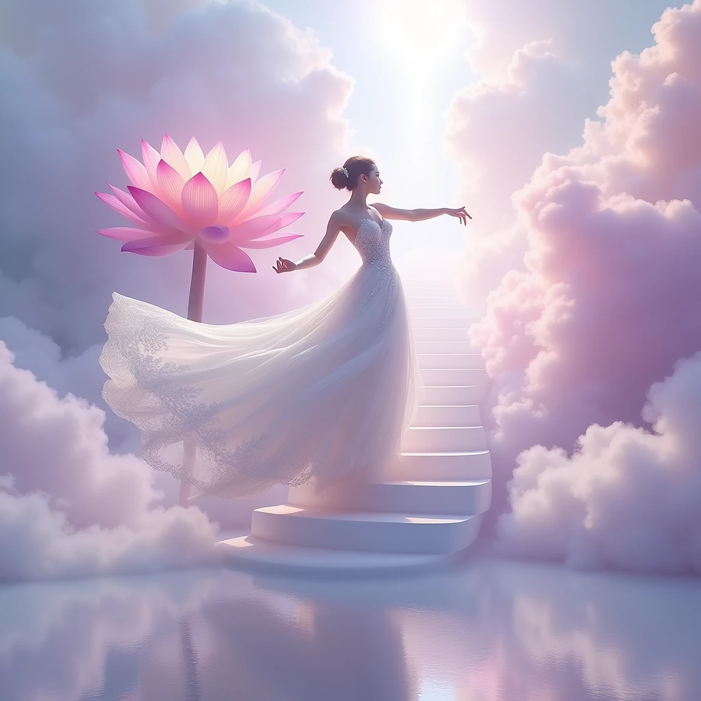 running on clouds, background color pale lilac lilac Mix of rainbow smoke and fog effects from colored pale blue fog on the ground and petals). Extravagant, beautiful woman full length, nice legs,shoes, in a fast dance in a flying pose, (Ultra detailed face, hyperrealistic) posing Giant Rainbow Lotus , center of rainbow in photo, woman looking at viewer, разрешение 8 K, masterpiece, top quality, the skirt flutters strongly in the wind,Tyndall phenomenon,white staircase to heaven, beautiful blonde, Best quality, super detailed, valid,professional,white fluffy lace wedding dress,train сильно развивается на ветру, extravagant, lots of lace on the dress, train, Rows of pale lilac and violet rays, cloud, light multi-colored fog,White minimalist, partial reflection,Desktop wallpaper, , 8 K,12K,