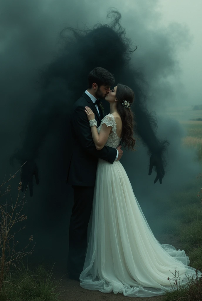 Wedding couple being pulled by darkness