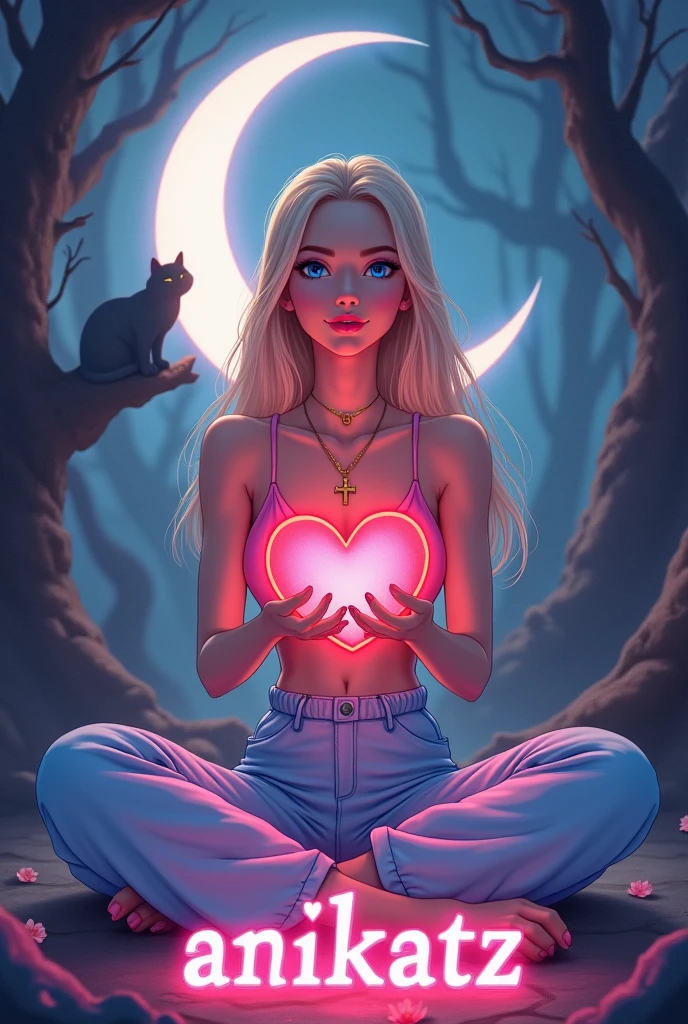 A mystical dark glowing environment. In the middle sits a woman with blue eyes, blonde, straight hair, pinken Lips, golden necklace with cross pendant, pink fingernails in cross-legged position. Light blue fabric trousers, rosa Spaghetti Top. She holds a bright red heart in her hands. She smiles and throws her hair back. In the background the crescent moon shines on which the silhouette of two cats sit. Below her is the word Anikatz in pink capital letters. Disney Stil