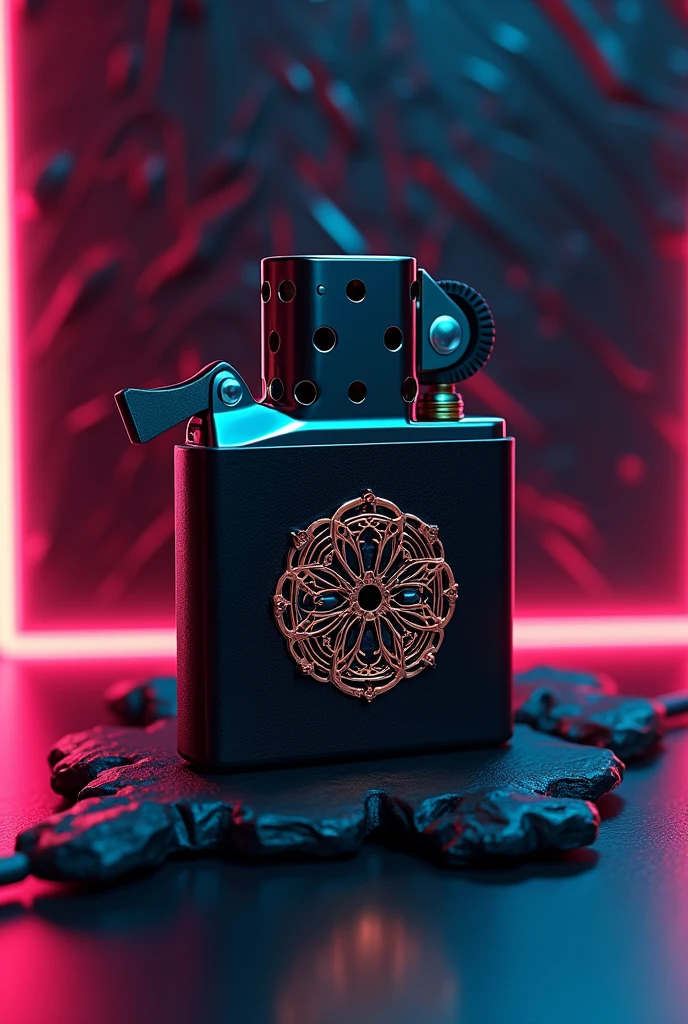 generate an image based on this description: A black Bic lighter with a cover, featuring 3D chrome metal cybersigilism patterns. Abstract metallic icon of liquid mercury. 3D rendering aluminum gradient shape design element around lighter. Brutalist Futuristic Style. The lighter is placed in a studio with professional bright neon lights