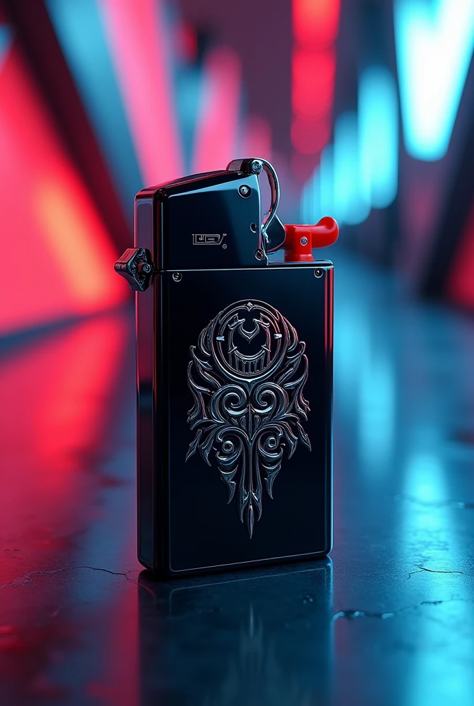 generate an image based on this description: A black Bic lighter with a cover, featuring 3D chrome metal cybersigilism patterns. Abstract metallic icon of liquid mercury. 3D rendering aluminum gradient shape design element around lighter. Brutalist Futuristic Style. The lighter is placed in a studio with professional bright neon lights