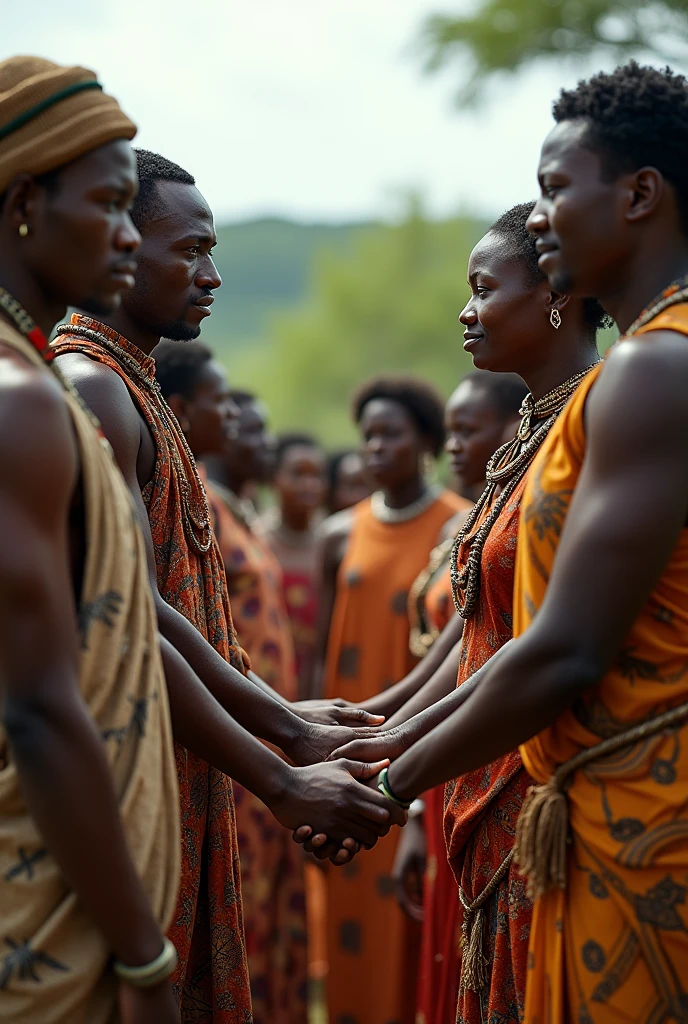 Hyperrealistic HD image of the inhabitants of Zimbabwe, Africa, Mixed tribes, United, males and females, holding hands