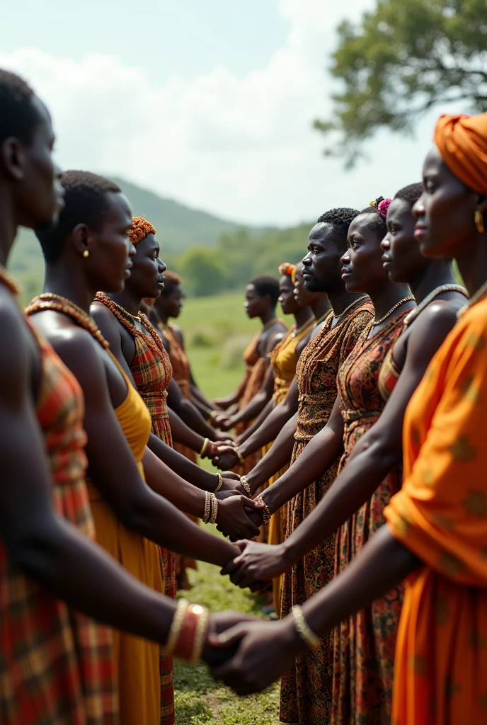 Hyperrealistic HD image of the inhabitants of Zimbabwe, Africa, Mixed tribes, United, males and females, holding hands