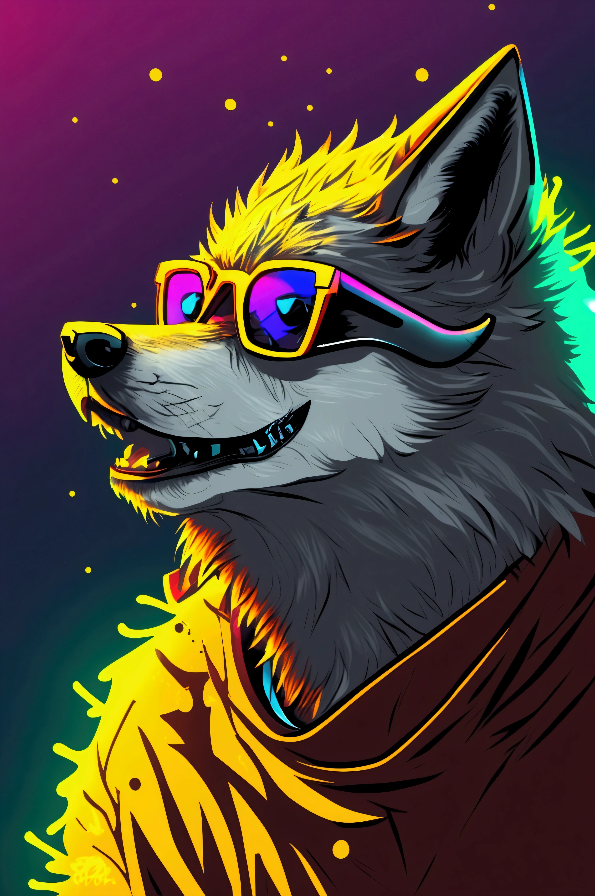 A cool wolf with sunglasses , splash background , gritty , contour, neon colour, 2d , vector , sticker, detailed