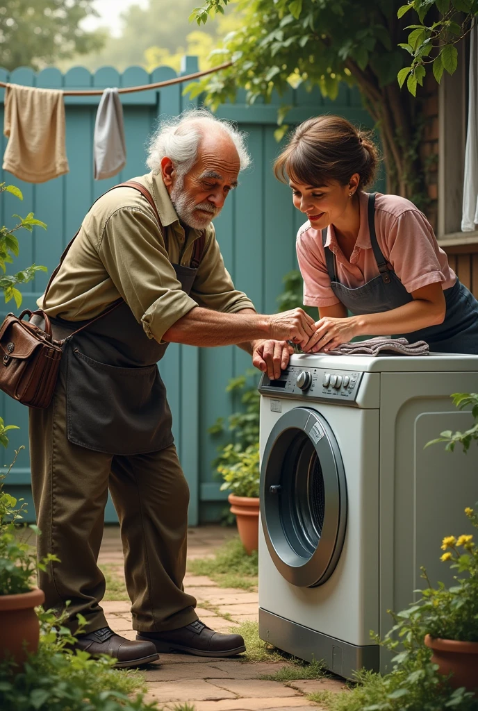 An elderly man servicing a lady&#39;s washing machine in the backyard of her house 