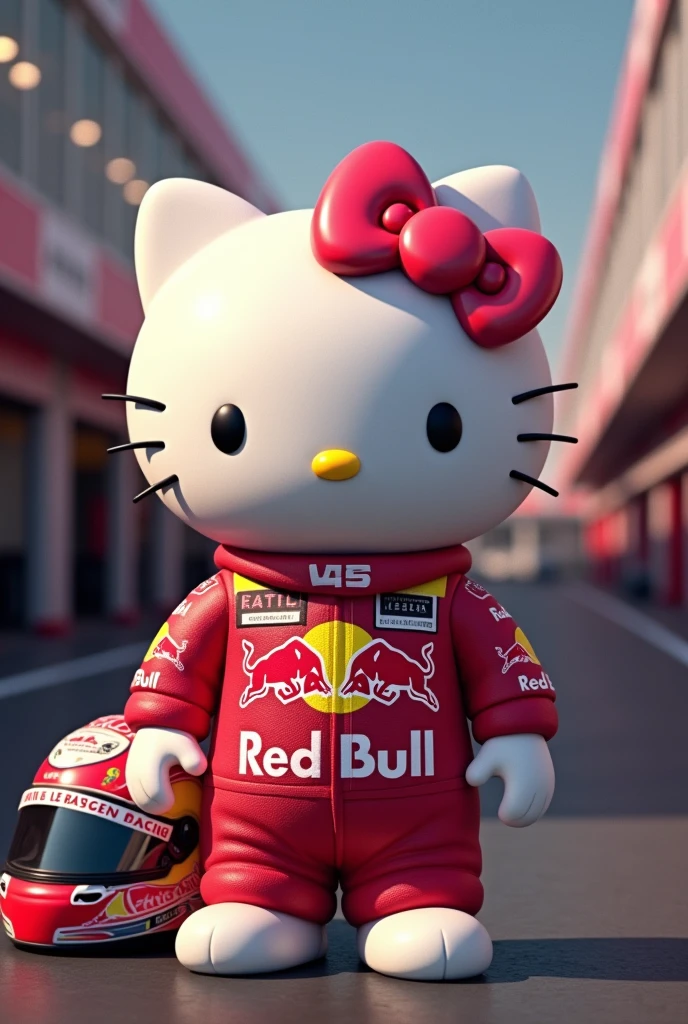 Hello Kitty dressed as a Red Bull Formula 1 driver alongside Sergio Perez