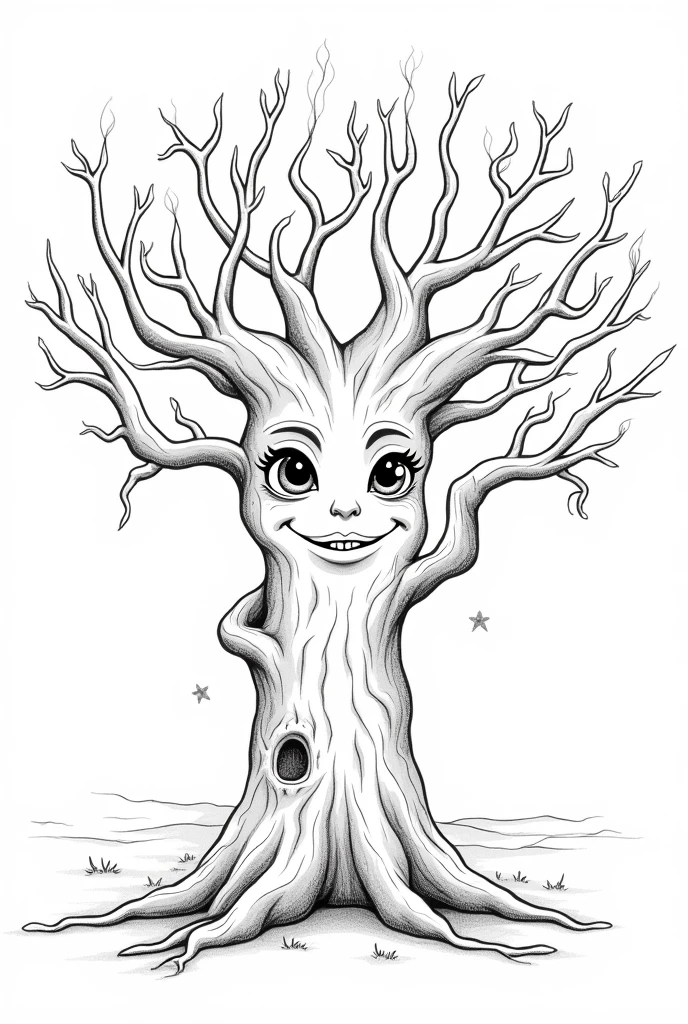 Create me a coloring picture of a magical tree with a face, for coloring with large white areas and strong black lines