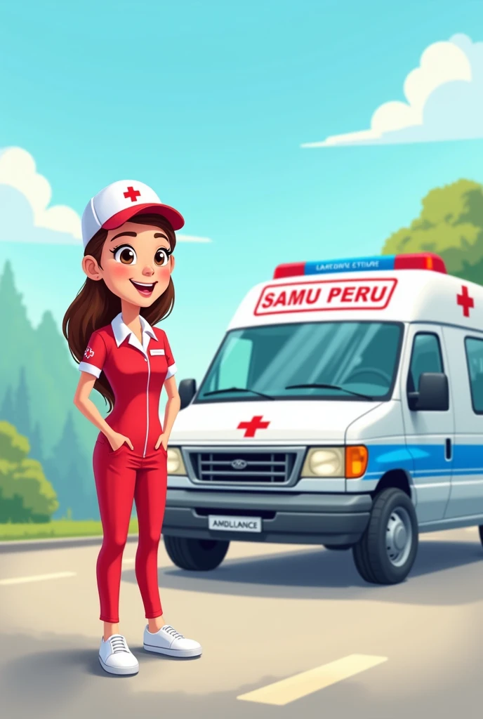 a cartoon image of a nurse in a red uniform, Light blue and white on a Samu Peru ambulance, to print on a bottle