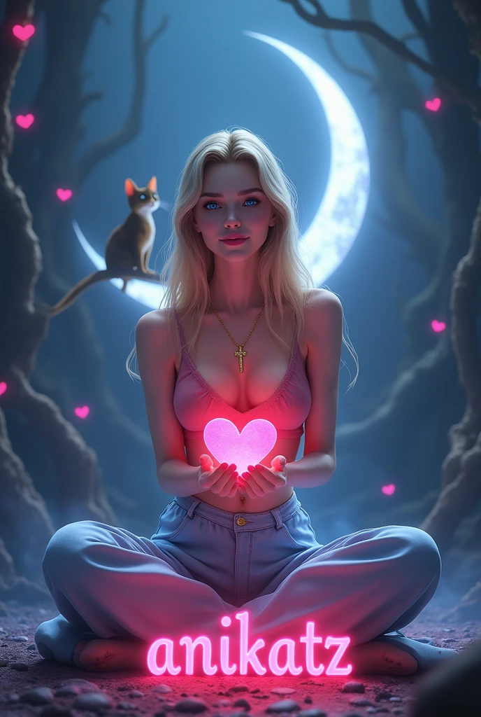 A mystical dark glowing environment. In the middle sits a woman with blue eyes, blonde, straight hair, pinken Lips, golden necklace with cross pendant in cross-legged position. Light blue fabric trousers, rosa Spaghetti Top. She holds a bright red heart in her hands. She smiles and throws her hair back. In the background the crescent moon shines on which the silhouette of two cats sit. Below her is the word Anikatz in pink capital letters. Disney Stil