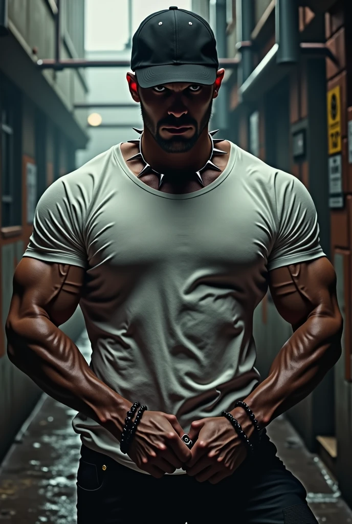 muscular man in black cap and white t-shirt, spike collar, academy, wicked look