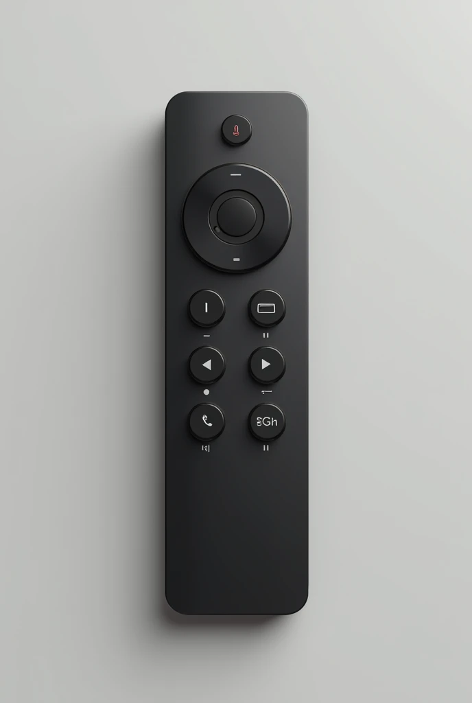Design a sleek, matte black remote control with a central microphone button for voice commands, minimalistic buttons, LED indicators. The design should be modern and user-friendly, displayed on a neutral background