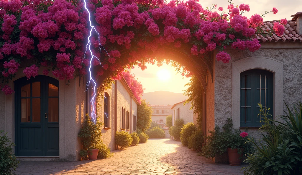 A Bougainvillea arch adorning the entrance to an alley in Provence. sun in the background. Lightning penetrating through the gaps in the bougainvillea. David Hamilton Style.