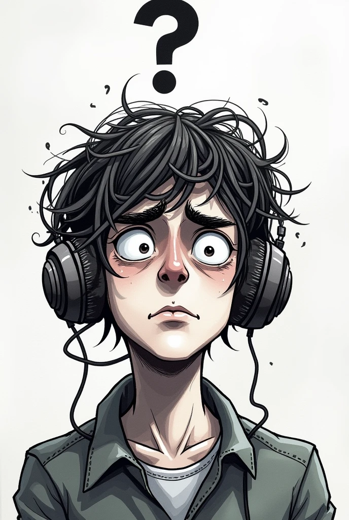 stressed young man with tangled corded headphones, very animated drawing . now this young man is thinking question mark 