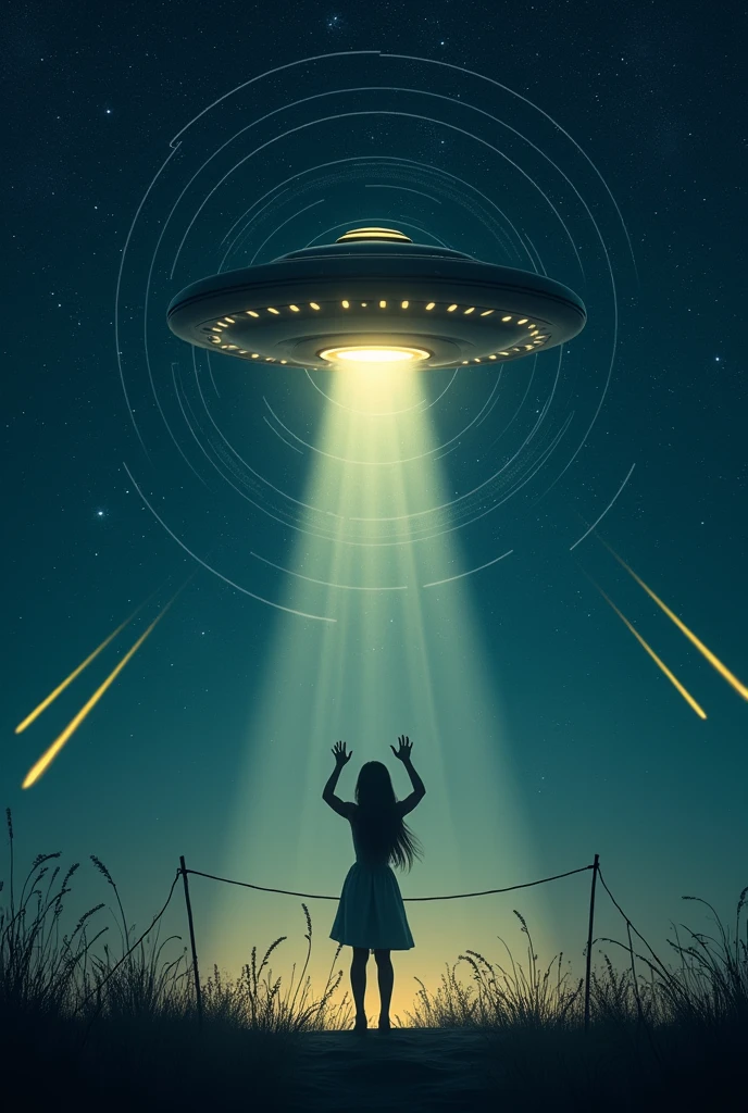 long exposure of starry sky with many circular orbits, focus on the stars, a flying saucer, radiates light downwards,silhouette of a young European woman with long hair with her hands up in surprise, shelter, Looking up,golden ratio,shooting stars, two of them yellow,silhouette of a luminous human outline in front of her

