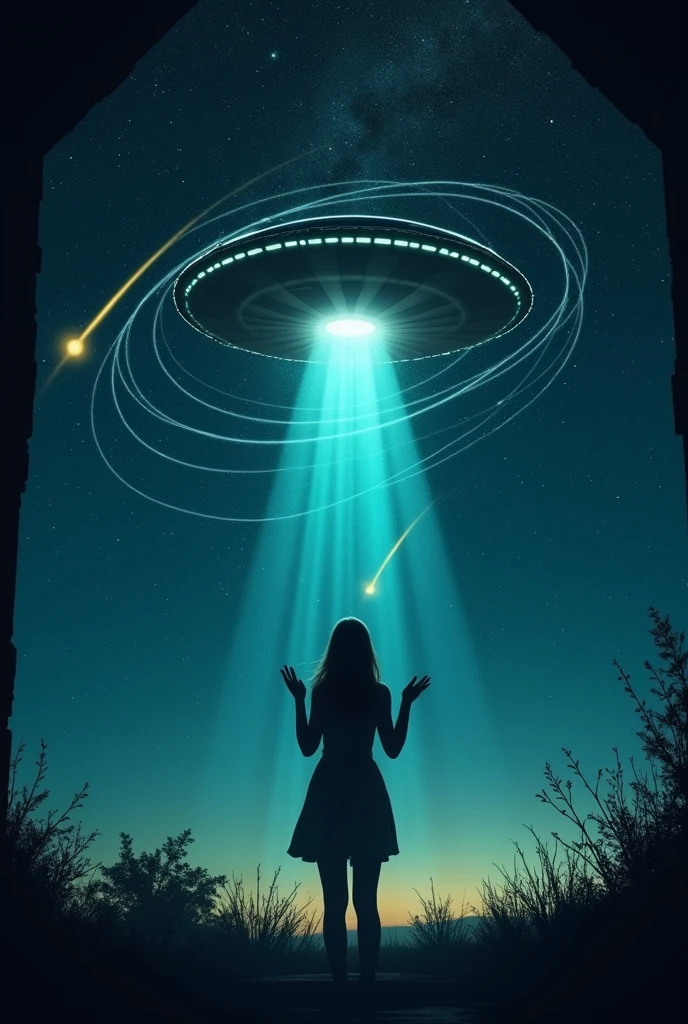 long exposure of starry sky with many circular orbits, focus on the stars, a flying saucer, radiates light downwards,silhouette of a young European woman with long hair with her hands up in surprise, shelter, Looking up,golden ratio,shooting stars, two of them yellow,silhouette of a luminous human outline in front of her

