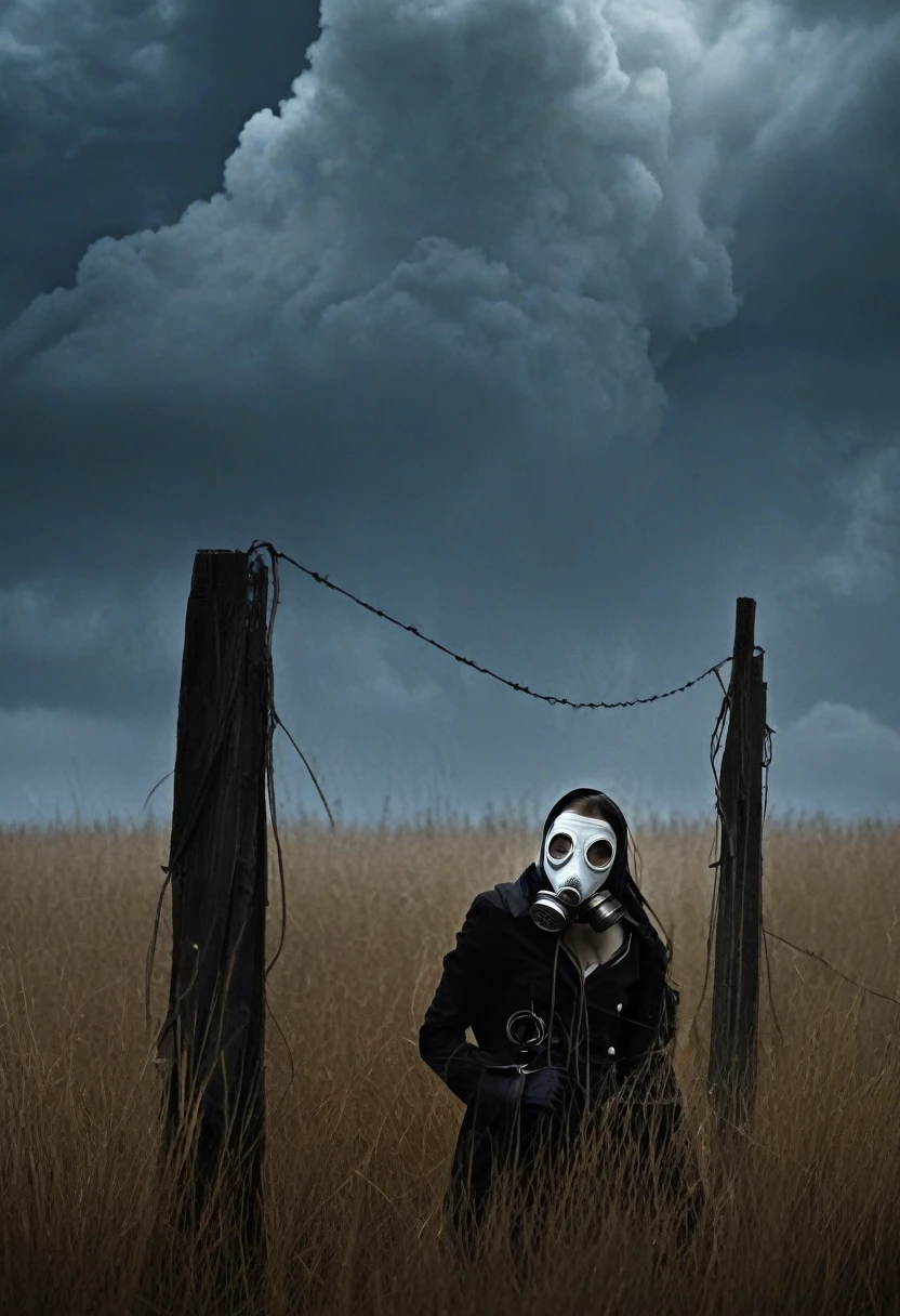 undead girl in ragged clothes wearing a white macabre gas mask(ominous vibes)
