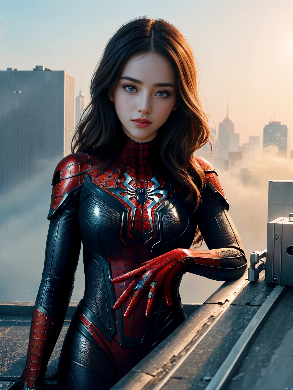 (1girl:1.3), Solo, (((Very detailed face)))), ((Very detailed eyes and face)))), Beautiful detail eyes, Body parts__, Official art, Unified 8k wallpaper, Super detailed, beautiful and beautiful, beautiful, masterpiece, best quality, original, masterpiece, super fine photo, best quality, super high resolution, realistic realism, sunlight, full body portrait, amazing beauty, dynamic pose, delicate face, vibrant eyes, (from the front), She wears Spider-Man suit, red and black color scheme, spider, very detailed city roof background, rooftop, overlooking the city, detailed face, detailed complex busy background, messy, gorgeous, milky white, highly detailed skin, realistic skin details, visible pores, clear focus, volumetric fog, 8k uhd, DSLR, high quality, film grain, fair skin, photo realism, lomography, futuristic dystopian megalopolis, translucent
