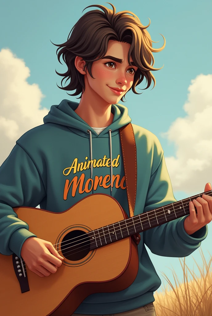 Young man with long hair, with a guitar and a sweatshirt on which the word WestMar Animated Moreno is written