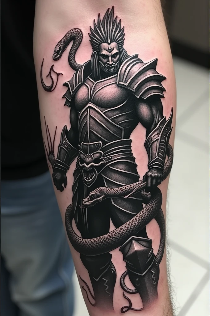 Black and white forearm tattoo showing a warrior fighting two giant snakes that wrap around his body on all sides