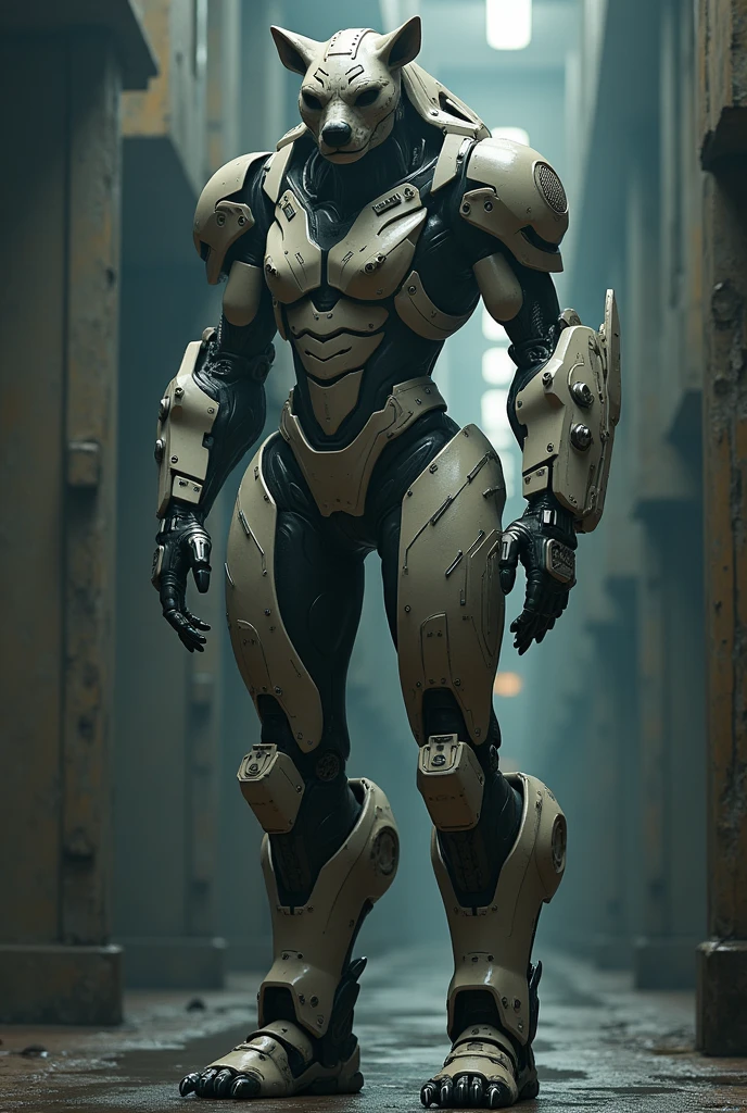 A woman with robot legs with a half cyborg face tall robot legs bear arms bear arm bear arm 
