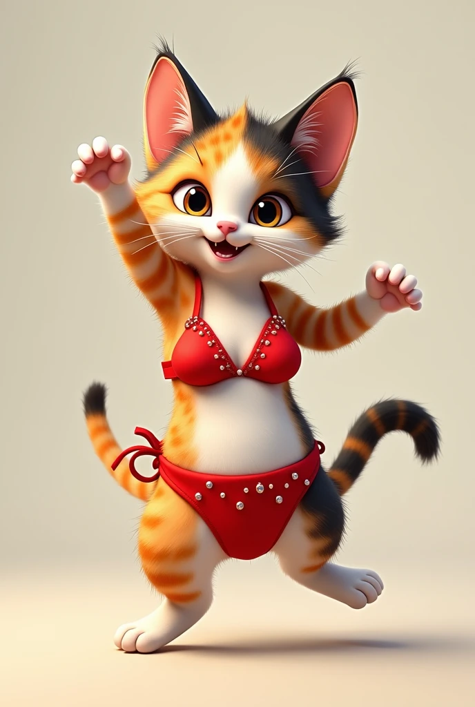 Please make a calico cat wearing a red bikini, dance、