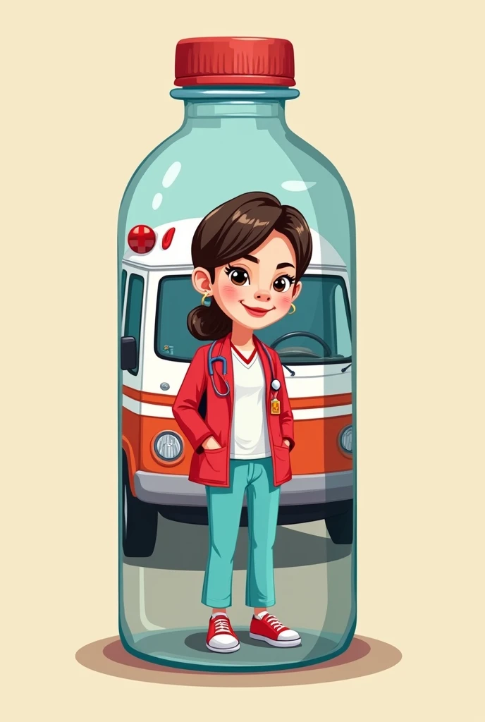 A cartoon image of a nurse in a red jacket and light blue pants in a Peruvian SAMU ambulance, to print on a bottle