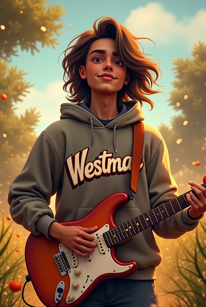 Young man with long hair, with a guitar and a sweatshirt on which the word WestMar Animated Brown Skin is written