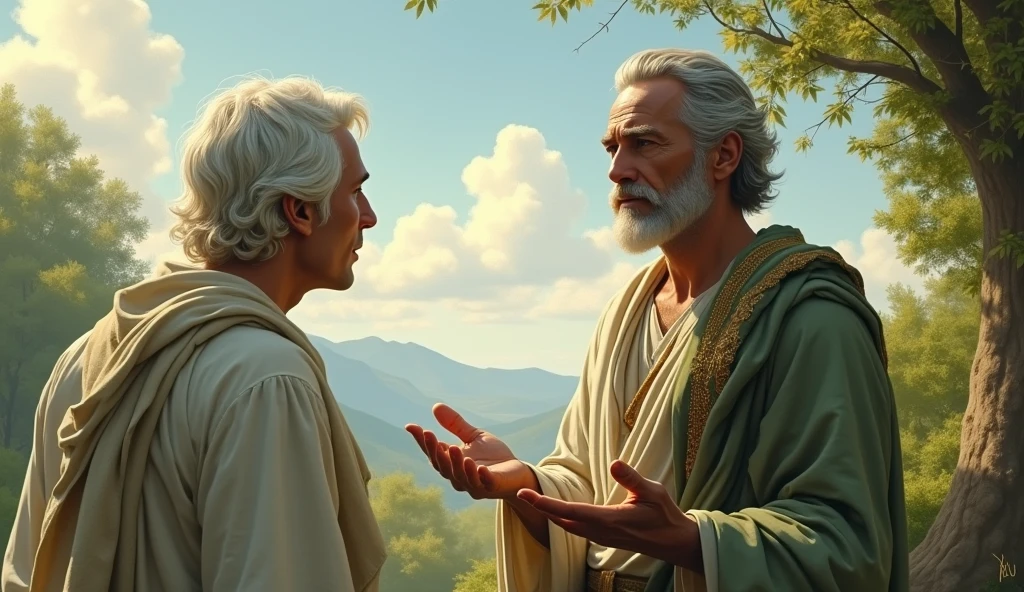 A male Stoic philosopher, around 2, with a well-proportioned and attractive physique and slightly tanned skin, is depicted in a tranquil, serene environment. He is wearing classic tunics in soft earthy tones—gray and olive green—with subtle gold or copper details, gently draping over his body and subtly revealing his shoulder. The philosopher extends an open hand in a gesture of forgiveness towards another figure, embodying warmth and compassion. Soft, gentle lighting bathes the scene, highlighting the philosopher’s kind and wise demeanor. The background is peaceful, with lush greenery and calm skies, reflecting the value of forgiveness given wisely. The scene is painted in an impressionist style, with brushstrokes capturing the serene atmosphere and emphasizing the contrast between light and shadow. The philosopher's face reflects a serene and compassionate expression, underscoring the importance of wise forgiveness.