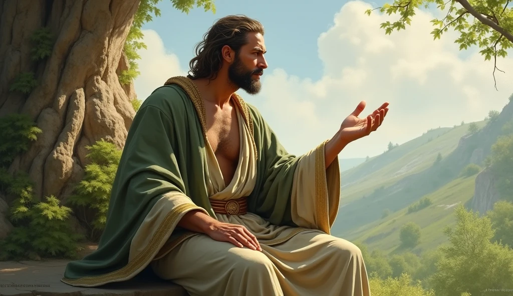 A male Stoic philosopher, around 2, with a well-proportioned and attractive physique and slightly tanned skin, is depicted in a tranquil, serene environment. He is wearing classic tunics in soft earthy tones—gray and olive green—with subtle gold or copper details, gently draping over his body and subtly revealing his shoulder. The philosopher extends an open hand in a gesture of forgiveness towards another figure, embodying warmth and compassion. Soft, gentle lighting bathes the scene, highlighting the philosopher’s kind and wise demeanor. The background is peaceful, with lush greenery and calm skies, reflecting the value of forgiveness given wisely. The scene is painted in an impressionist style, with brushstrokes capturing the serene atmosphere and emphasizing the contrast between light and shadow. The philosopher's face reflects a serene and compassionate expression, underscoring the importance of wise forgiveness.
