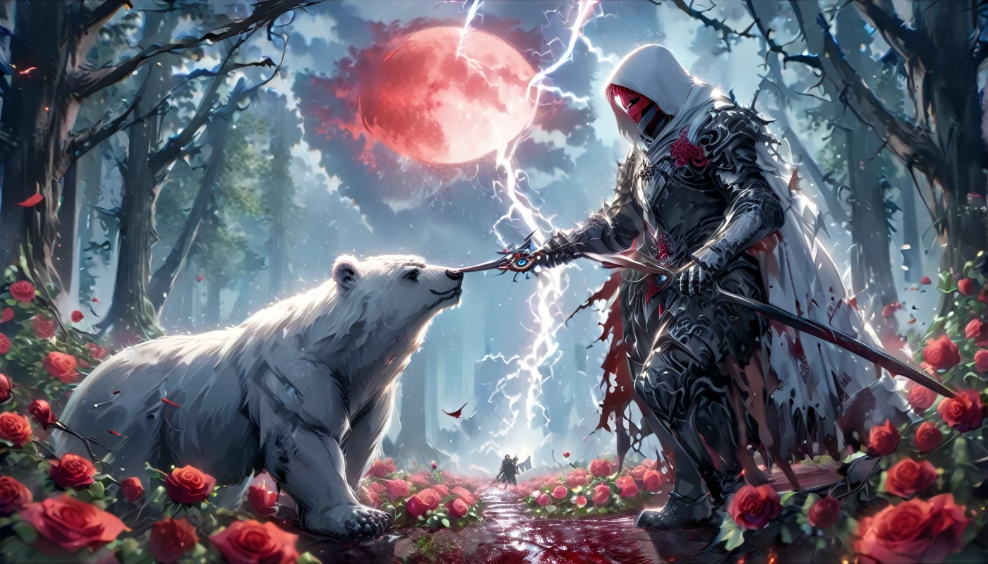 Dynamic picture where a man with a white hood with bear ears and a katana sits riding a big polar bear in a forest while the blood moon shines, many Roses cover the ground and lightning falls from the sky. The man wears a red blindfold.