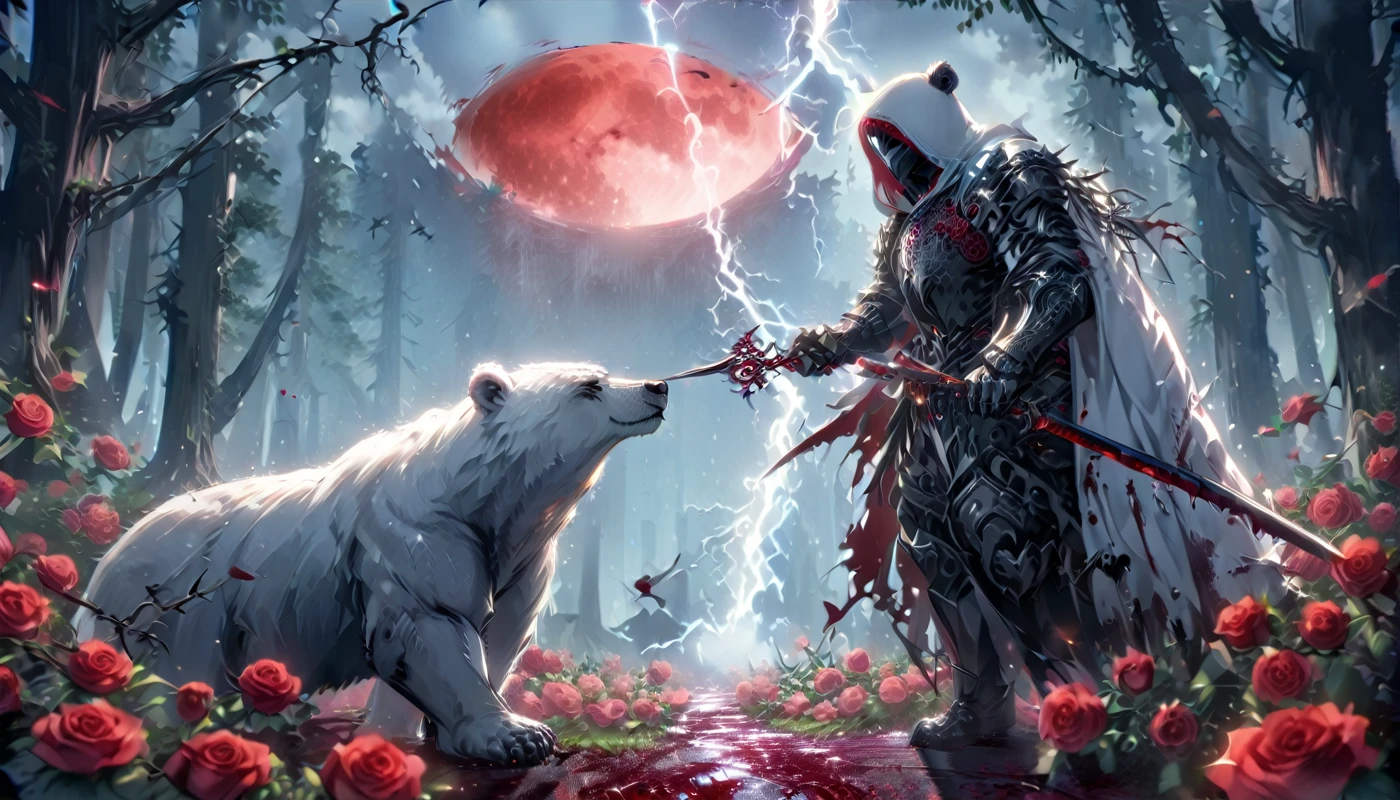 Dynamic picture where a man with a white hood with bear ears and a katana sits riding a big polar bear in a forest while the blood moon shines, many Roses cover the ground and lightning falls from the sky. The man wears a red blindfold.