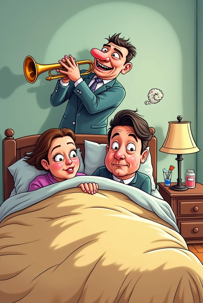 cartoon of a man and woman in bed with a man playing a trumpet, funny weird illustration, 2d cartoon, 2 d cartoon, parody, funny cartoonish, cartoon art, realistic cartoon, accurate depiction, cartoon strip, harsh fairy tale, bizarrrrre, r/art, r /art, r / art, surreal!!!, by Bapu, funny artwork