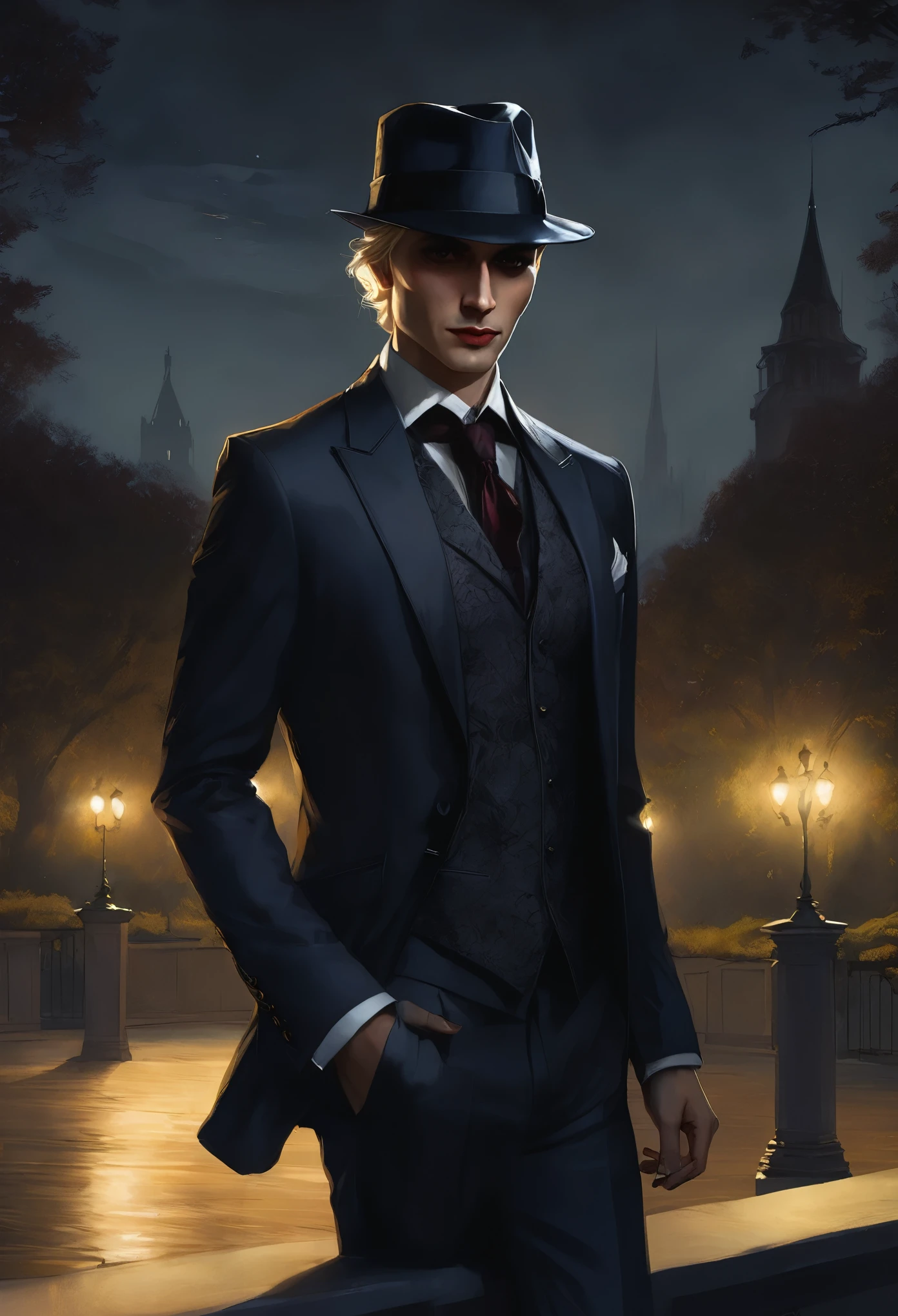 (good quality), (many details), (masterpiece), Charlie Bowater style, Vampire at night in the park, Gloomy aura, Shadows gather behind him, fedora, blond hair, angular face, suit, Schattenbeschwörer, lasombra
