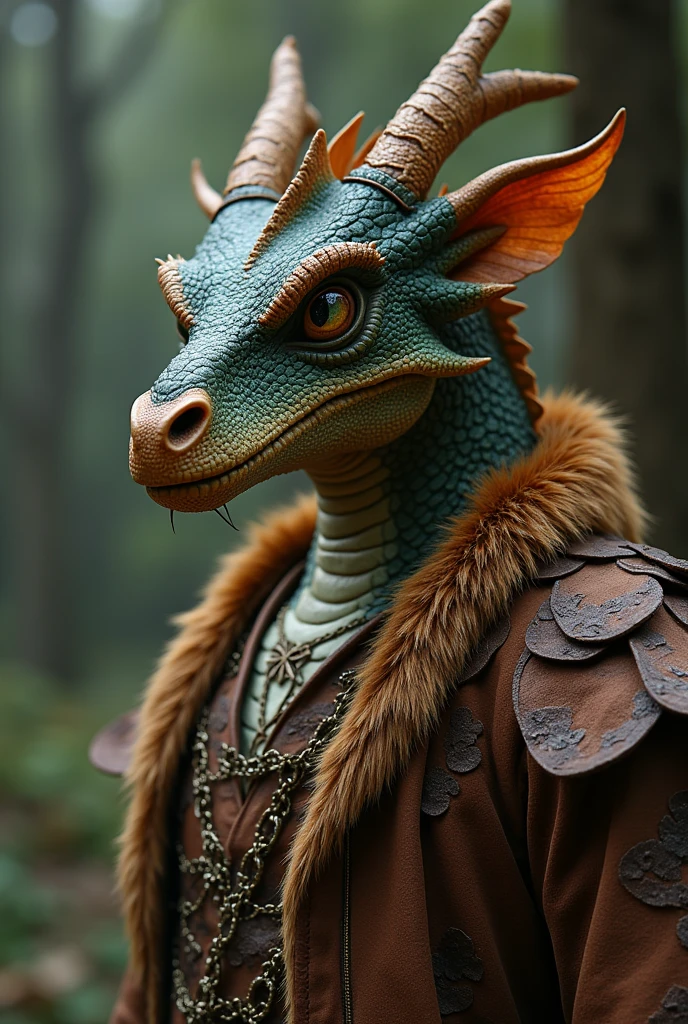 Create an image of a person, tamed dragon in animal skin clothing