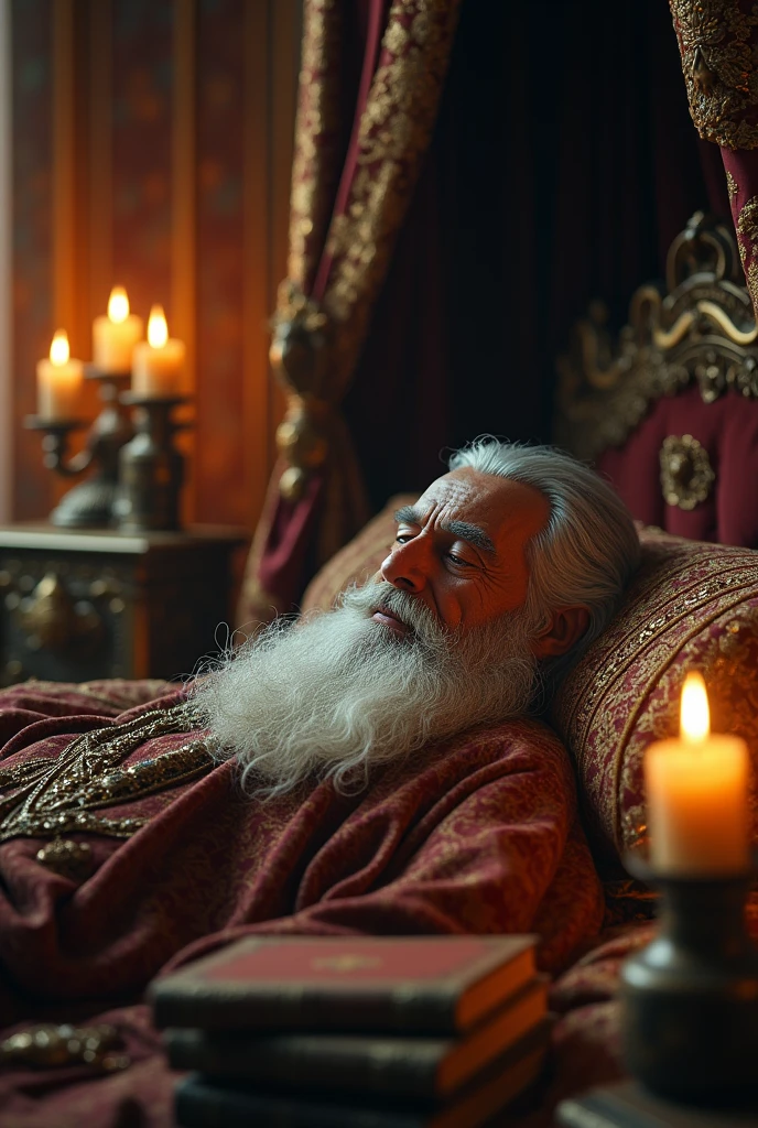 An old Muslim beard sick king lying on his bed in royal room candle books beside hin