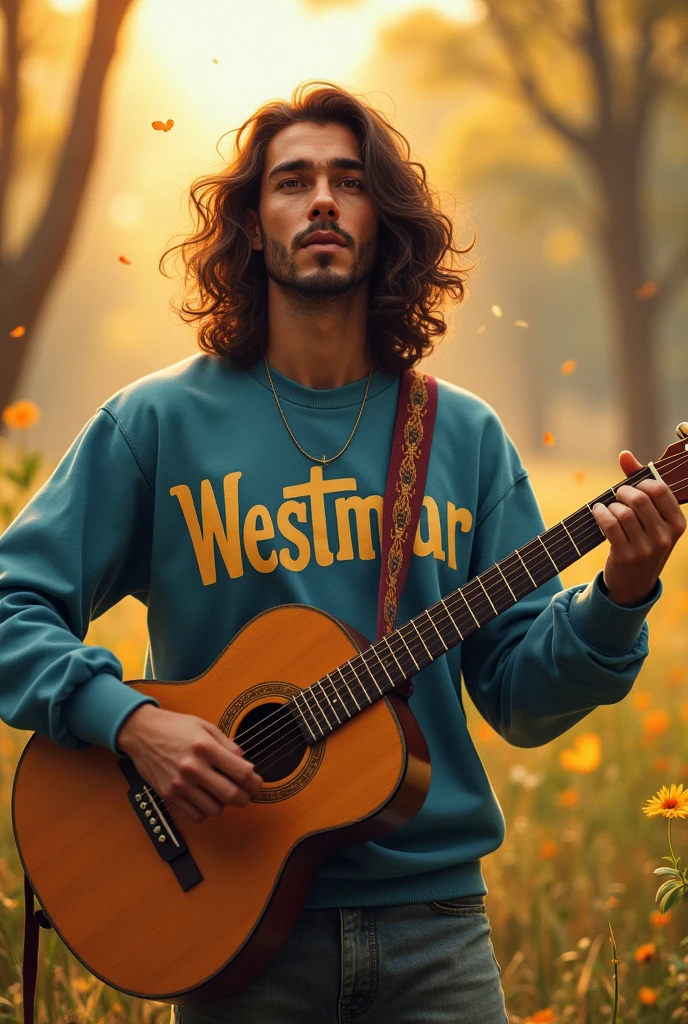 Young man with long hair, with a guitar and a sweatshirt on which the word WestMar Animated Brown Skin is written