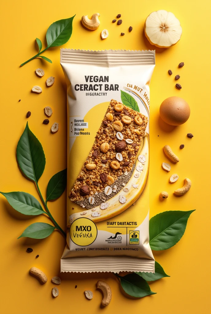 A label for a banana cereal bar, aveia, molasses, cashew nut, Brazil nut, peanut, chia and nuts. I need you to package this product. You don't need to put anything written on the packaging. Only the drawing of the ingredients and the information that the product is vegan. A imagem precisa conter uma versão frente e verso da embalagem. No verso precisa conter os ingredientes, as informações da empresa e a tabela nutricional. Precisa do selo de vegano.