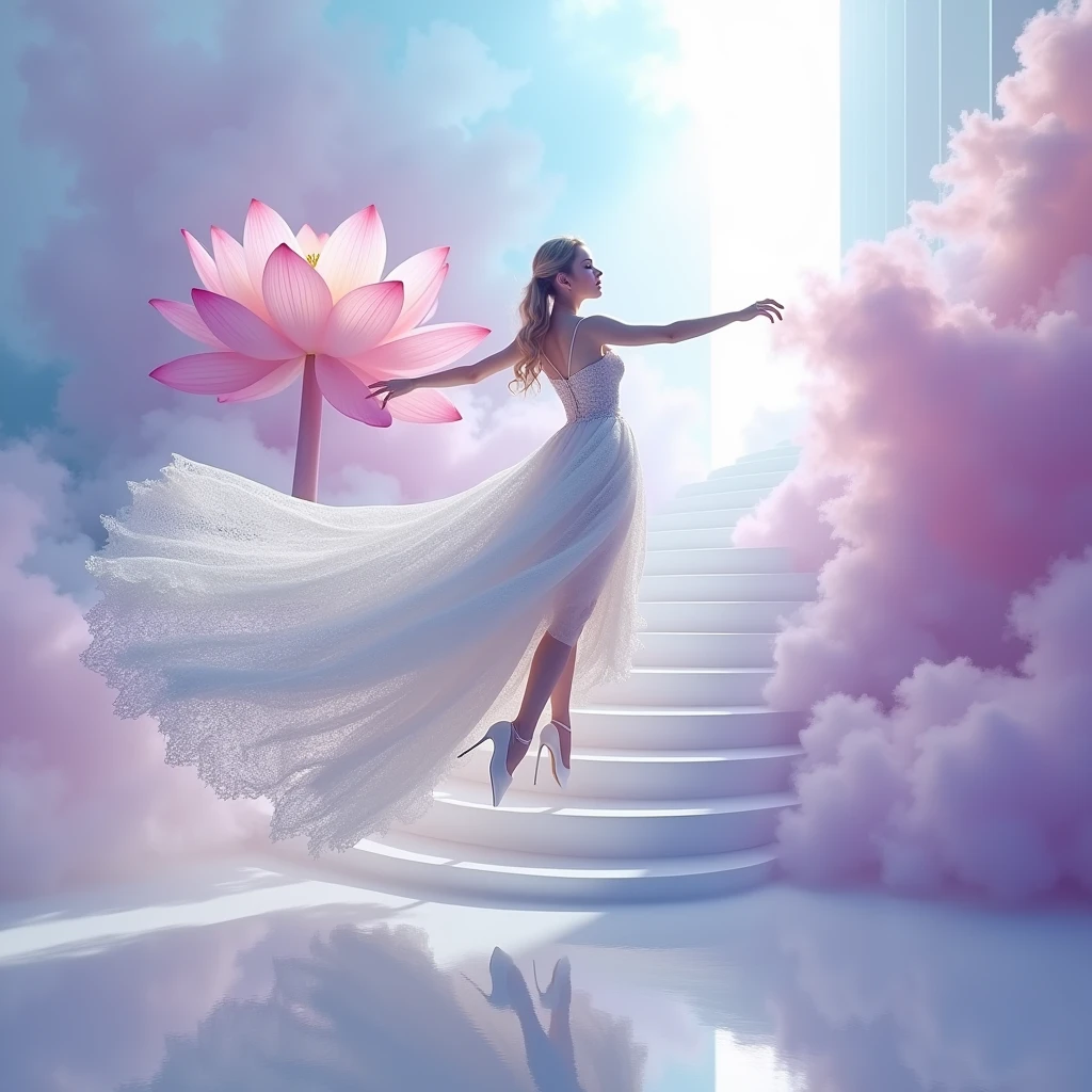 running on clouds, background color pale lilac lilac Mix of rainbow smoke and fog effects from colored pale blue fog on the ground and petals). Extravagant, beautiful woman full length, nice legs,shoes, in a fast dance in a flying pose, (Ultra detailed face, hyperrealistic) posing Giant Rainbow Lotus , center of rainbow in photo, woman looking at viewer, permission 8k, masterpiece, top quality, the skirt flutters strongly in the wind,Tyndall phenomenon,white staircase to heaven, beautiful blonde, Best quality, super detailed, valid,professional,white fluffy lace wedding dress,train сильно развивается на ветру, extravagant, lots of lace on the dress, train, Rows of pale lilac and violet rays, cloud, light multi-colored fog,White minimalist, partial reflection,12K,