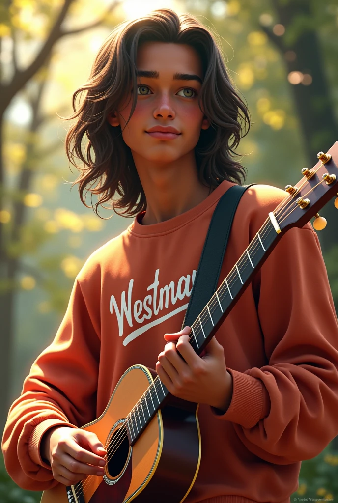 Young man with long hair, with a guitar and a sweatshirt on which the word WestMar Animated Brown Skin is written
